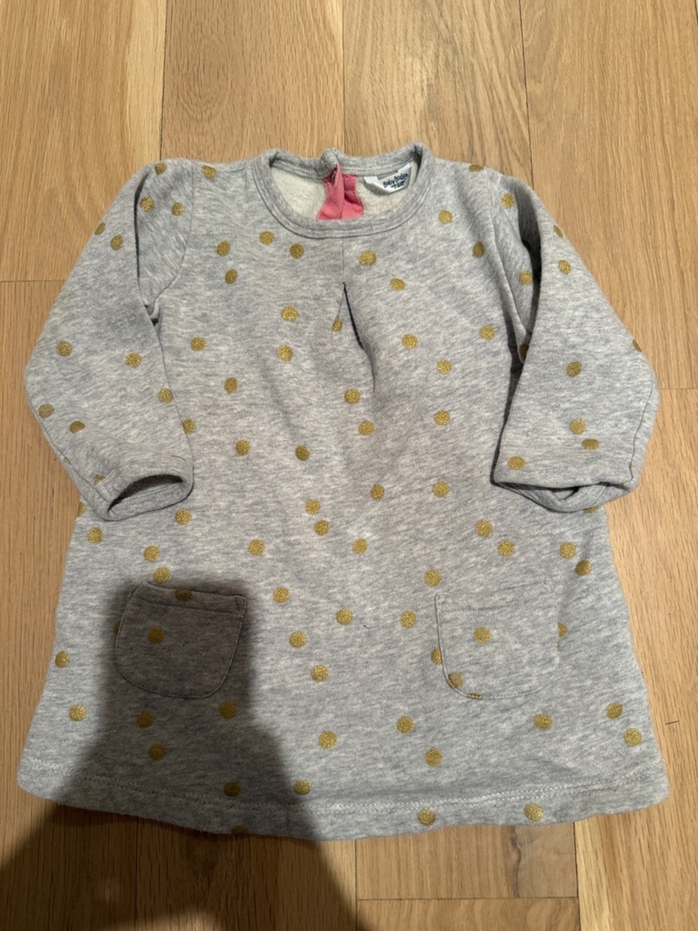 Baby Boden Gray Sweatshirt Dress with Gold Polka Dots
